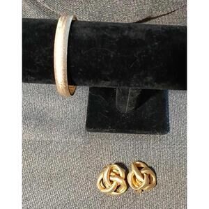 Brushed Gold Tone Knot Clip Earrings and Monet Bangle